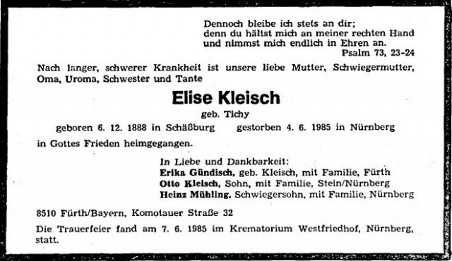 Tichy elise 1888-1985 Todesanzeige